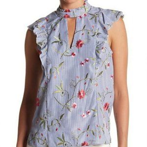 BCBGeneration Blue Striped Sleeveless Top with Floral Embroidery (Size S)